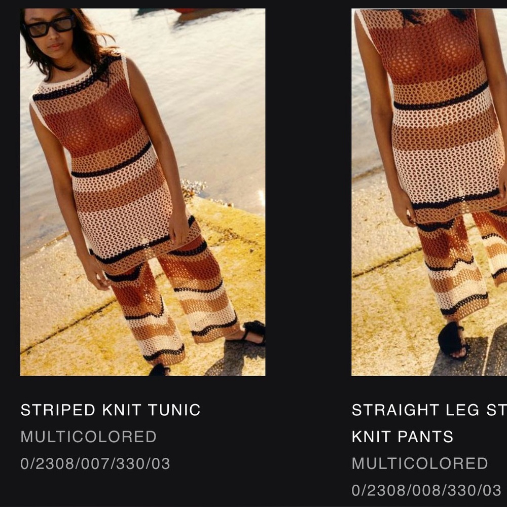 Zara Multicolored Striped Knit CO-ORD Set - Brown, Cream, Black - Top & Pants